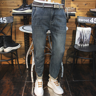 秋冬男士斜插兜牛仔裤简约净版水洗做旧青年小脚修身弹力牛仔长裤