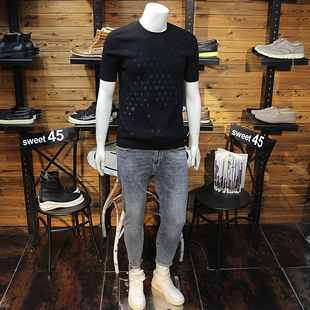 秋冬男士针织短袖丝光羊绒轻奢简欧时尚圆领修身毛衣半袖T恤打底