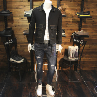 休闲衬衣领夹克 牛仔梭织拼接夹克外套修身 春装 男翻领夹克2020新款