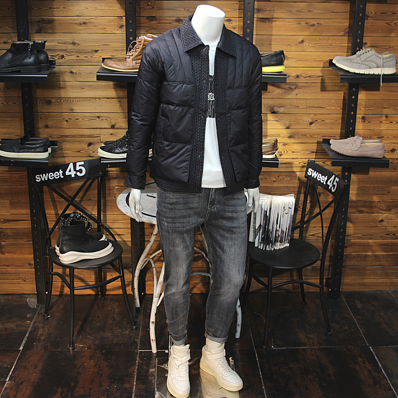 冬装男翻领羽绒夹克原创拼接假两件设计修身休闲青年帅气羽绒外套