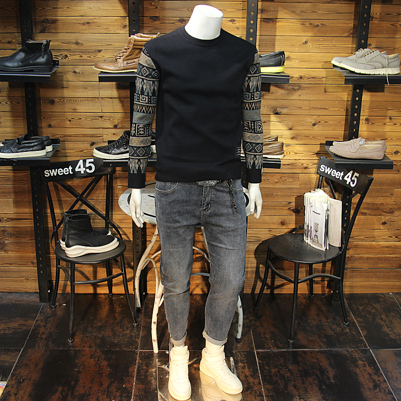 其它套头针织圆领拼接袖