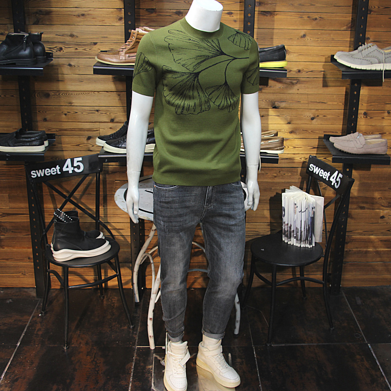 秋冬男羊毛针织短袖枫叶时尚轻奢修身休闲圆领毛衣半袖T恤打底衫