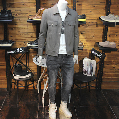 秋冬男加厚羊毛呢翻领夹克简约口袋时尚修身青年轻奢高端外套