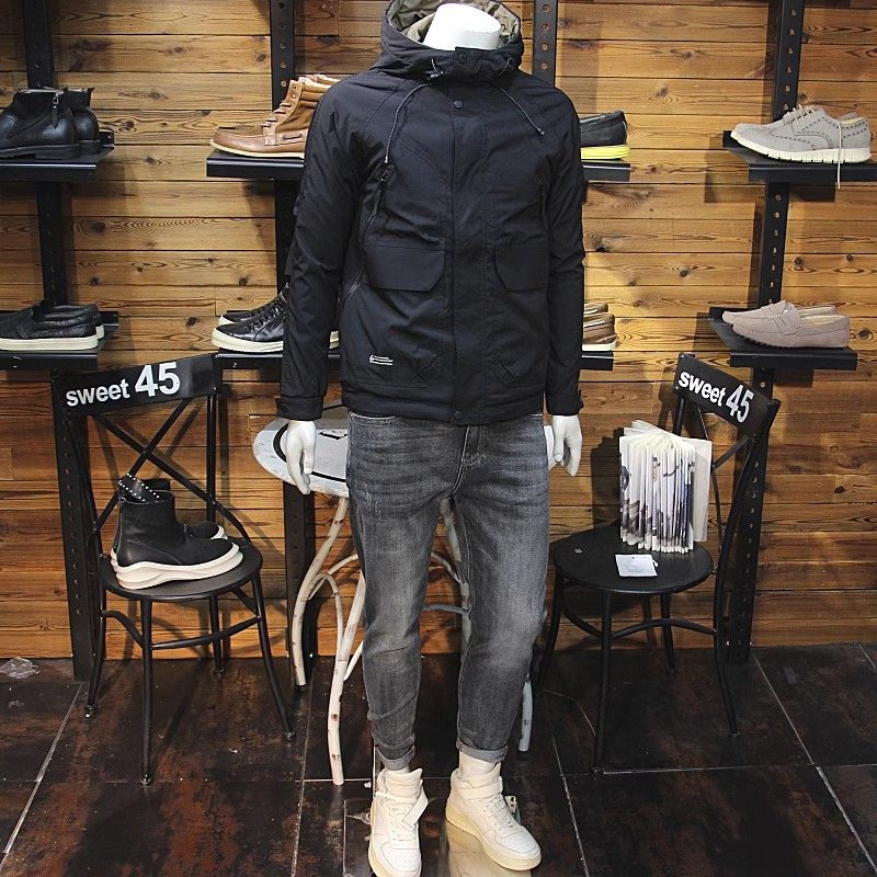 冬装男棉衣连帽夹克修身休闲工装口袋冲锋衣薄棉外套保暖抗风外套