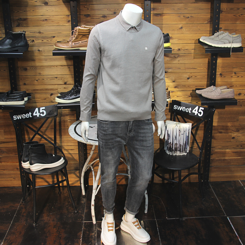 秋冬男士套头假两件毛衣简约刺绣小标修身翻领衬衣两件套针织衫