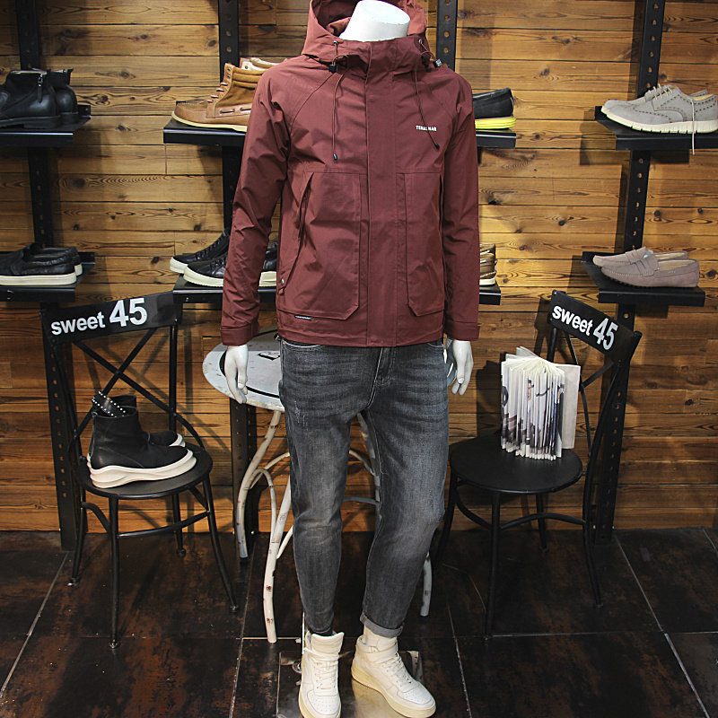 拼接设计拉链口袋男连帽外套春秋修身简约时尚冲锋衣带帽夹克上衣,男装,夹克,淘宝优惠券,粉丝福利购,淘宝优惠卷