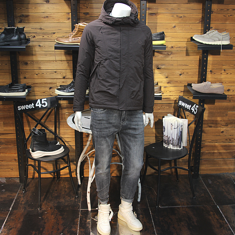 冬装男连帽棉服原创拼接拉链口袋青年修身二棉外套保暖男加棉棉衣