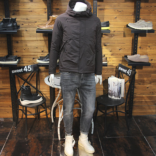 冬装男连帽棉服原创拼接拉链口袋青年修身二棉外套保暖男加棉棉衣