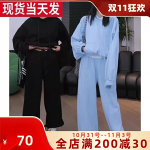 欧阳短款连帽卫衣不对称裤子套装女秋季新款设计感小众两件套