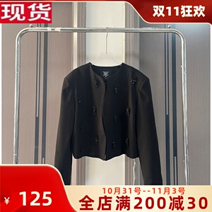 欧阳 流苏串珠黑色小香风外套女冬季设计感小众复古短款上衣