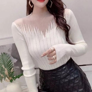 蕾丝网纱拼接针织衫半高领镶钻打底衫女长袖洋气修身薄款毛衣上衣