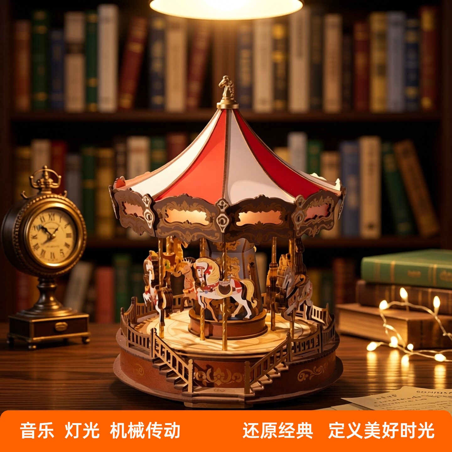 rolife若来旋转木马音乐盒木制DIY手工八音盒8女拼装积木创意礼物