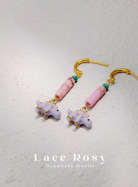 Lace无耳洞蚊香盘耳夹原创设计紫色小恐龙民族风撞色童趣耳饰小众