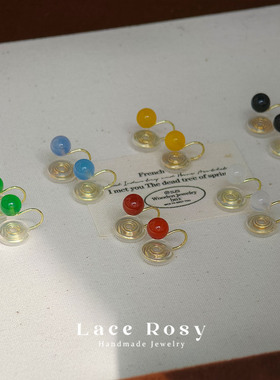 无耳洞6mm玛瑙圆珠红白黄绿蓝黑彩色蚊香盘耳夹转换器材料配件女