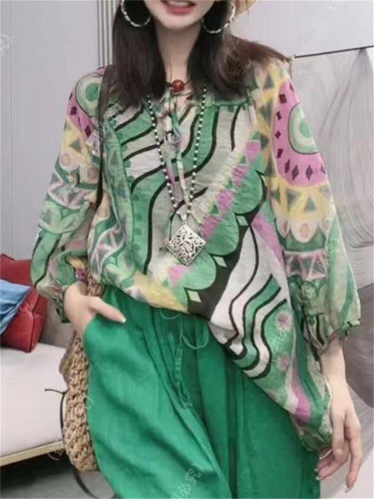 2023夏季新款七分袖棉麻套装宽松休闲防晒印花T恤裤子女装两件套