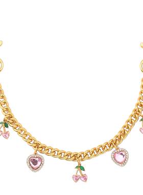 粉色水晶爱心樱桃锁匙扣包包挂件樱桃挂链包饰金色包链条汽车挂件