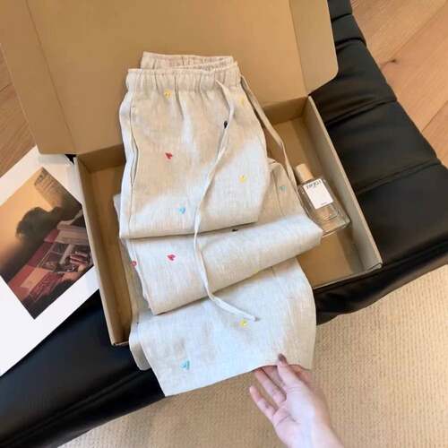 老钱风爱心刺绣亚麻阔腿裤女夏季2026新款休闲裤子