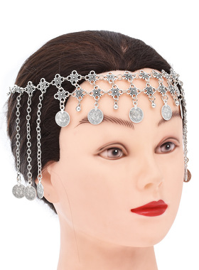 欧美复古合金流苏项链头饰两用配饰夸张电镀女钱币额头链发带