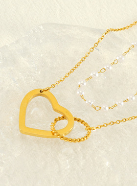 欧美小众设计感爆款爱心镂空吊坠不锈钢双层珍珠项链女