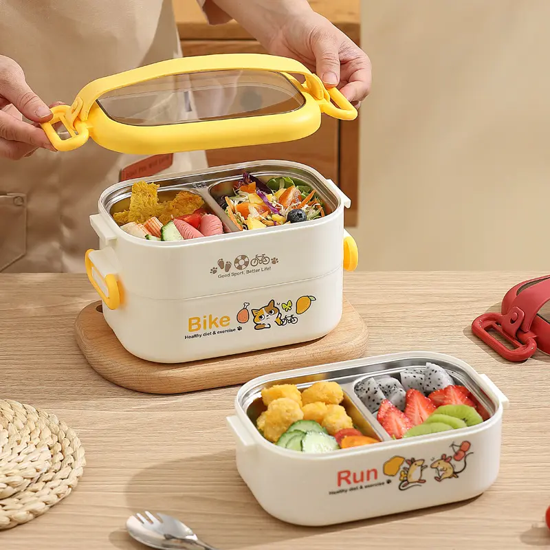 304不锈钢学生饭盒双层卡通提手午餐盒椭圆形注水保温便当盒