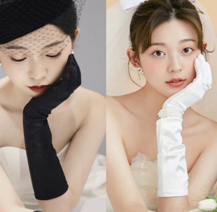 复古绸缎面长款婚礼结婚手套礼服晚宴黑色白色缎面弹力长手套