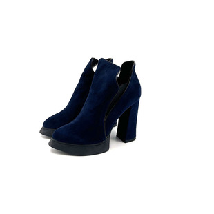 宝蓝色复古短筒尖头女靴子瑕疵款小众风格恨天高靴子道具拍照鞋子