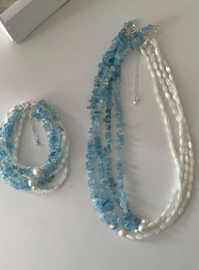 夏日海蓝天然石拼接项链女小清新设计小众锁骨链百搭气质时尚颈链