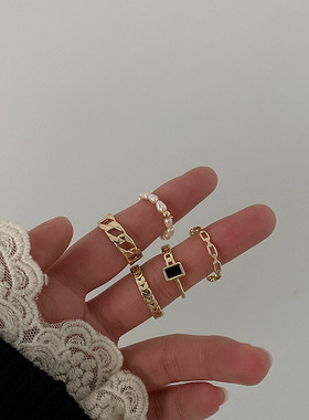 冷淡风复古链条珍珠戒指套装女韩国简约百搭小众气质个性指环戒子