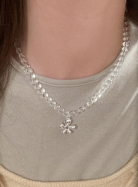 简约高级感透明玻璃串珠花朵项链女小众设计个性简约颈链锁骨链