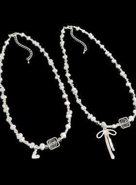 港风复古珍珠碎银蝴蝶结项链女轻奢优雅个性时尚百搭颈链锁骨链