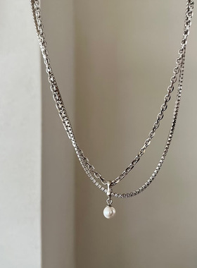 双层金属珍珠项链女设计感小众个性简约百搭气质时尚颈链锁骨链