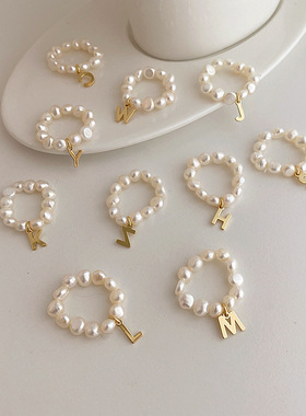 法式复古天然淡水珍珠字母戒指女韩国简约百搭气质指环戒子冷淡风