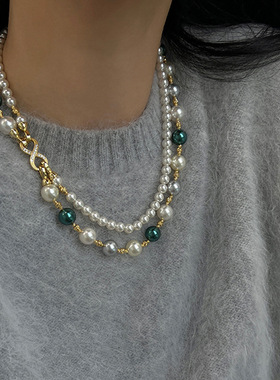 一款多戴混彩珍珠项链女设计感高级优雅轻奢气质百搭颈链毛衣链