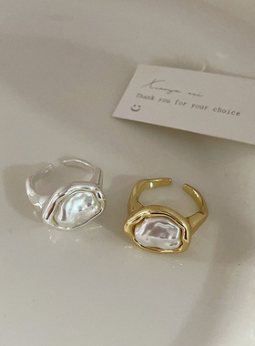 法式高级感不规则珍珠金属开口戒指女小众复古个性百搭指环戒子