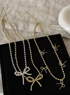 轻奢小众少女感金属圆珠链蝴蝶结项链女法式复古优雅颈链锁骨链