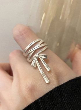 设计感绑带蝴蝶结哑光金属开口戒指女个性独特时尚百搭指环戒子
