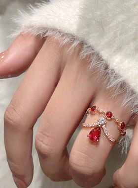 叠戴复古红色猫眼石金属开口戒指女轻奢小众精致个性时尚指环戒子