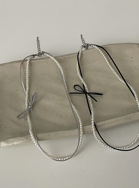 双层皮革蝴蝶结珍珠项链女少女感甜美可爱气质百搭个性颈链锁骨链