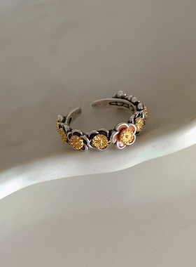 重工金属花朵开口戒指女韩国小众设计复古个性百搭气质指环戒子