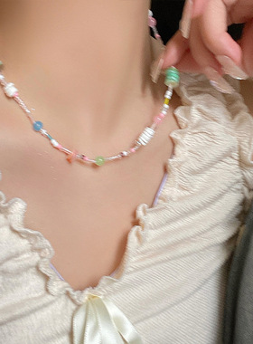 彩色水晶猫眼石项链女设计感小众个性简约百搭气质时尚颈链锁骨链