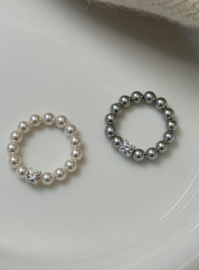 锆石珍珠串珠弹力戒指女法式复古轻奢优雅高级简约个性指环戒子