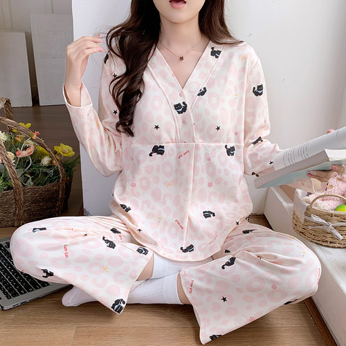带胸垫棉吸汗纯月子服夏季薄款8月份9哺乳睡衣产后喂奶产妇家居服