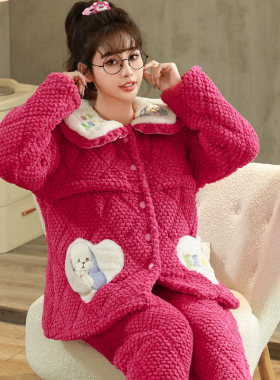三层夹棉睡衣女珊瑚绒加绒加厚秋冬季天大码孕妇月子服家居服套装