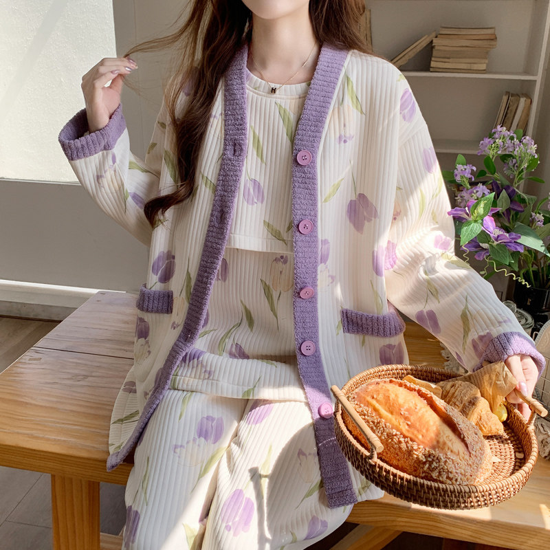 孕妇睡衣三件套空气棉月子服秋冬