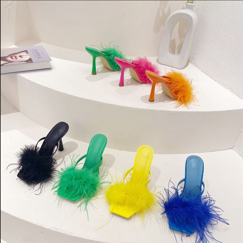 跨境2022欧美外贸新款女鞋方头夹趾毛毛人字拖高跟凉拖鞋ble799-1