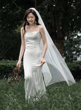 新娘结婚礼主婚纱齐地素纱简约双层超仙森系拖尾超长款头纱