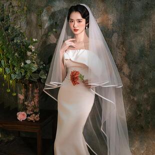 韩式新娘结婚礼长款拖尾婚纱头纱张馨予同款包边缎面仪式头纱055