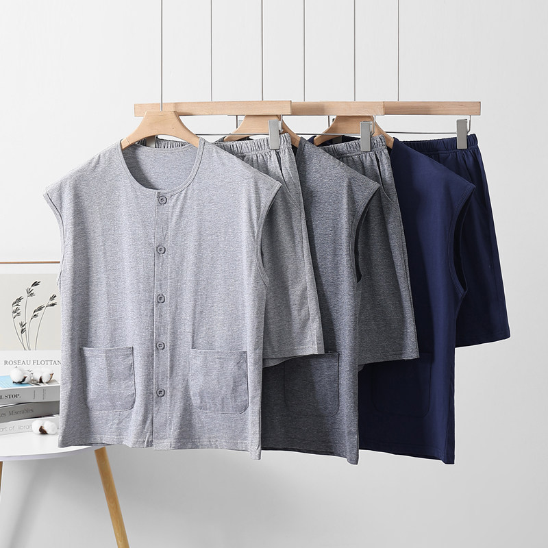 中老年男士无袖背心套装爸爸针织砍袖开襟衫居家空调五分短裤睡裤