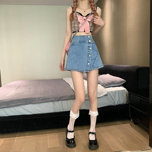 Special offer real shot 2024 blue denim high-waisted irregular A-line skirt with button design and elastic pants skirt