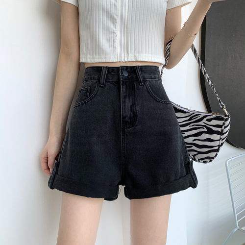 New high waist denim shorts women's curled wide leg casual slim pants